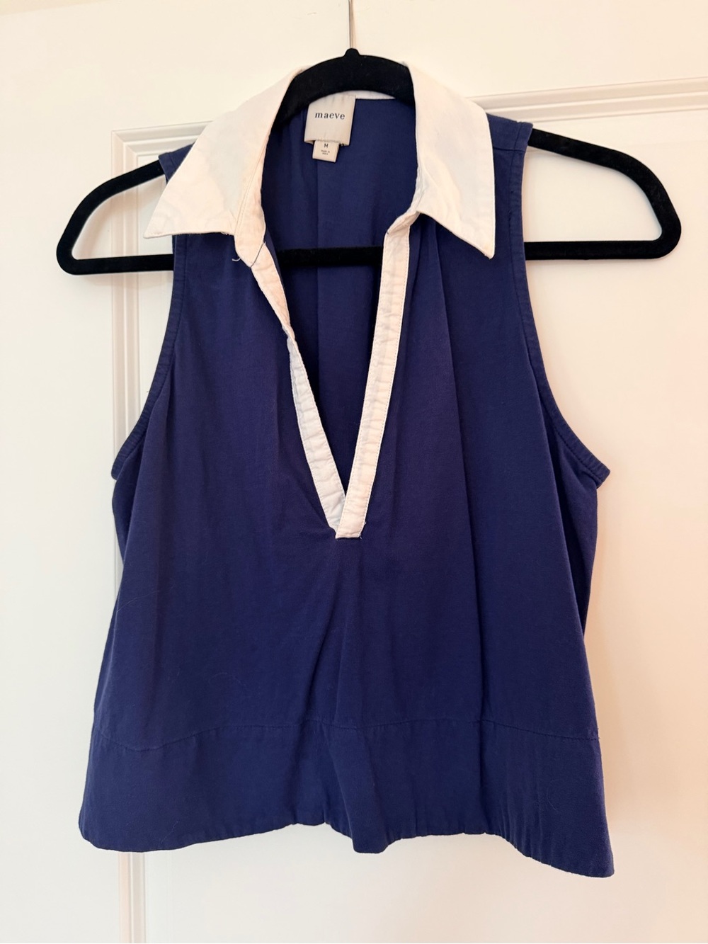 Maeve Navy Sleeveless V-Neck Top with White Collar
